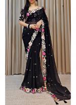Faux Georgette Black Traditional Wear Embroidery Work Saree
